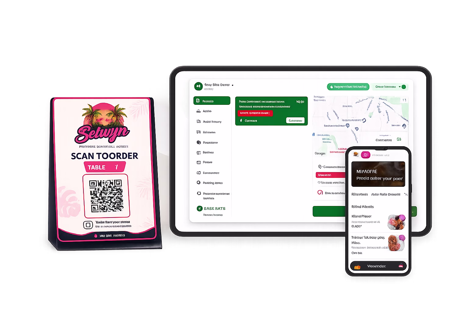 Easy Eats QR code ordering shown on a restaurant tablet, customer phone and branded table card