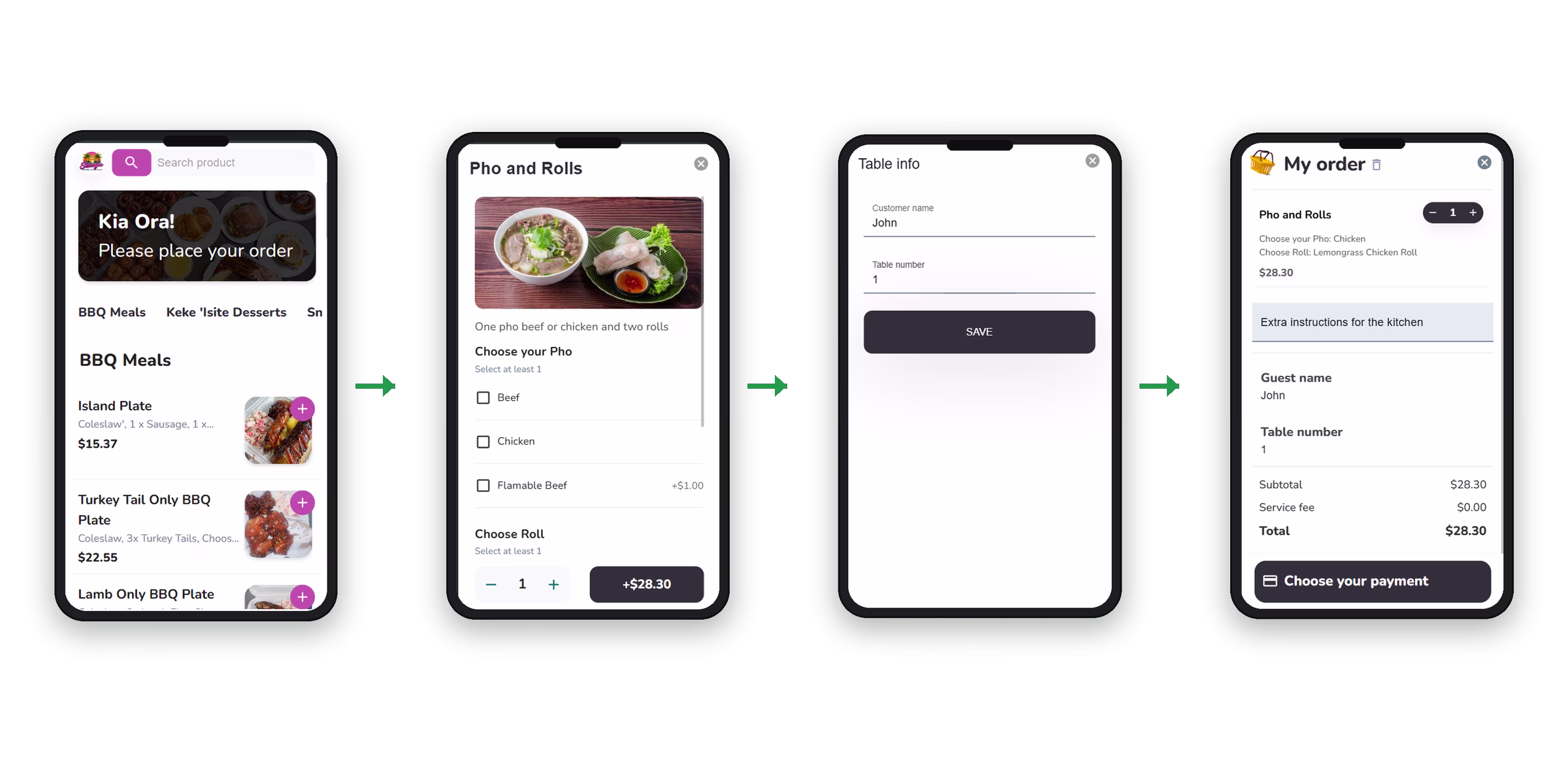 Four-step Easy Eats QR ordering flow showing the menu, item options, table number and checkout