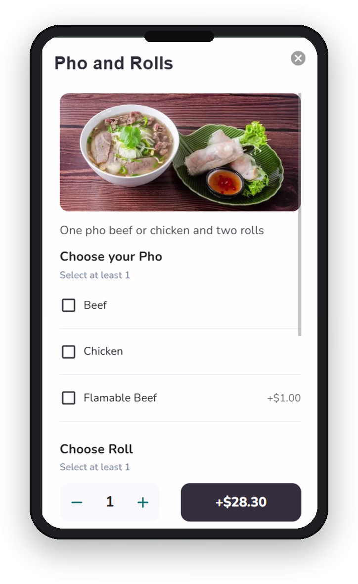 Easy Eats QR ordering item options and add-ons screen